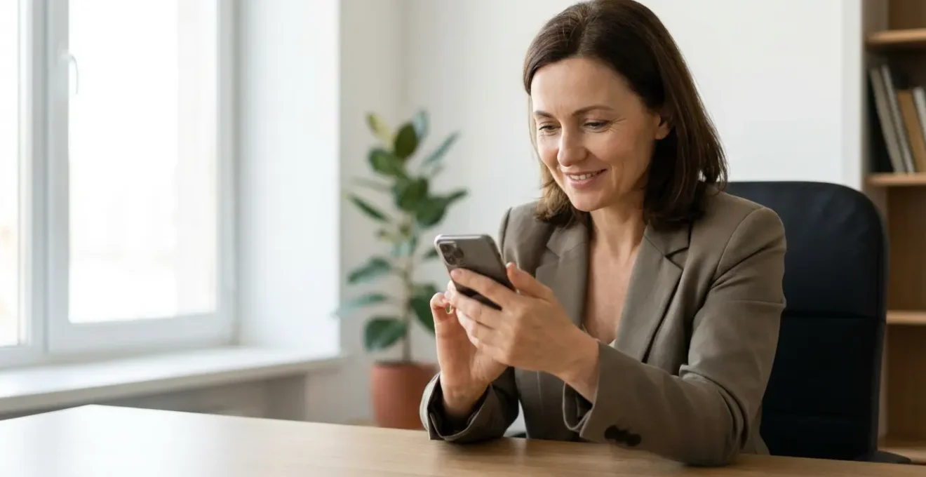 Professionnel français vérifiant une notification de confirmation sur smartphone pour recommandé électronique assurance