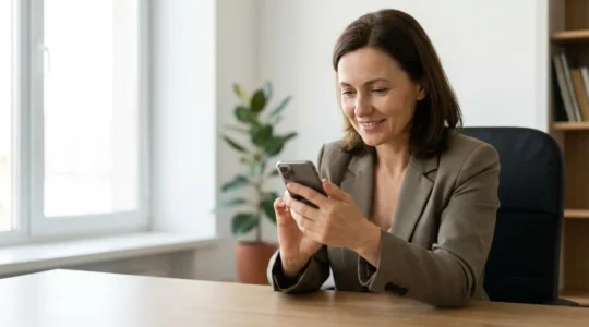 Professionnel français vérifiant une notification de confirmation sur smartphone pour recommandé électronique assurance