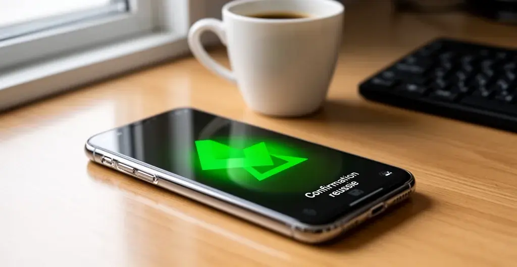 Smartphone affichant une confirmation d'envoi de recommandé électronique sur un bureau