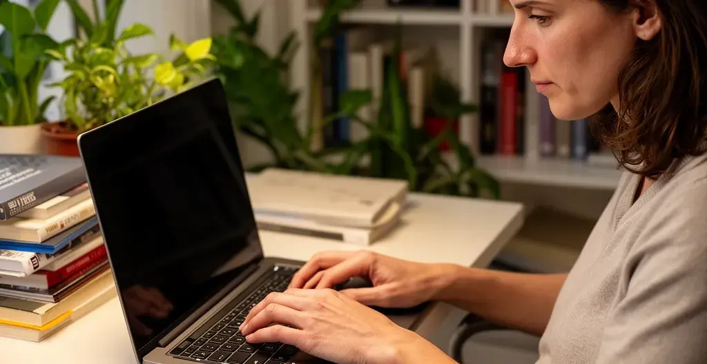 Femme effectuant une démarche administrative d'assurance sur ordinateur depuis son bureau à domicile