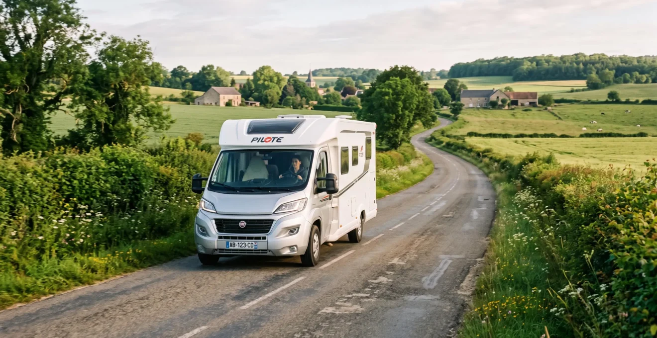 Un camping-car roule sur une route de campagne française un matin de week-end.