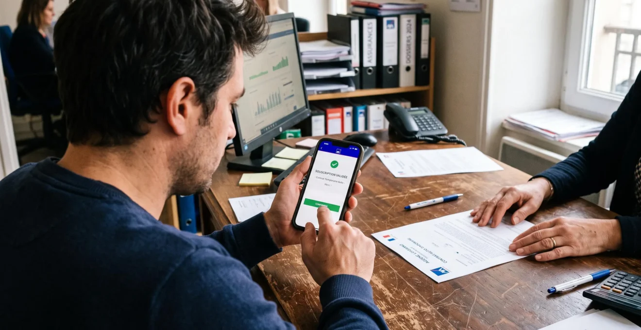 Un client souscrit une assurance temporaire depuis son smartphone dans une agence.