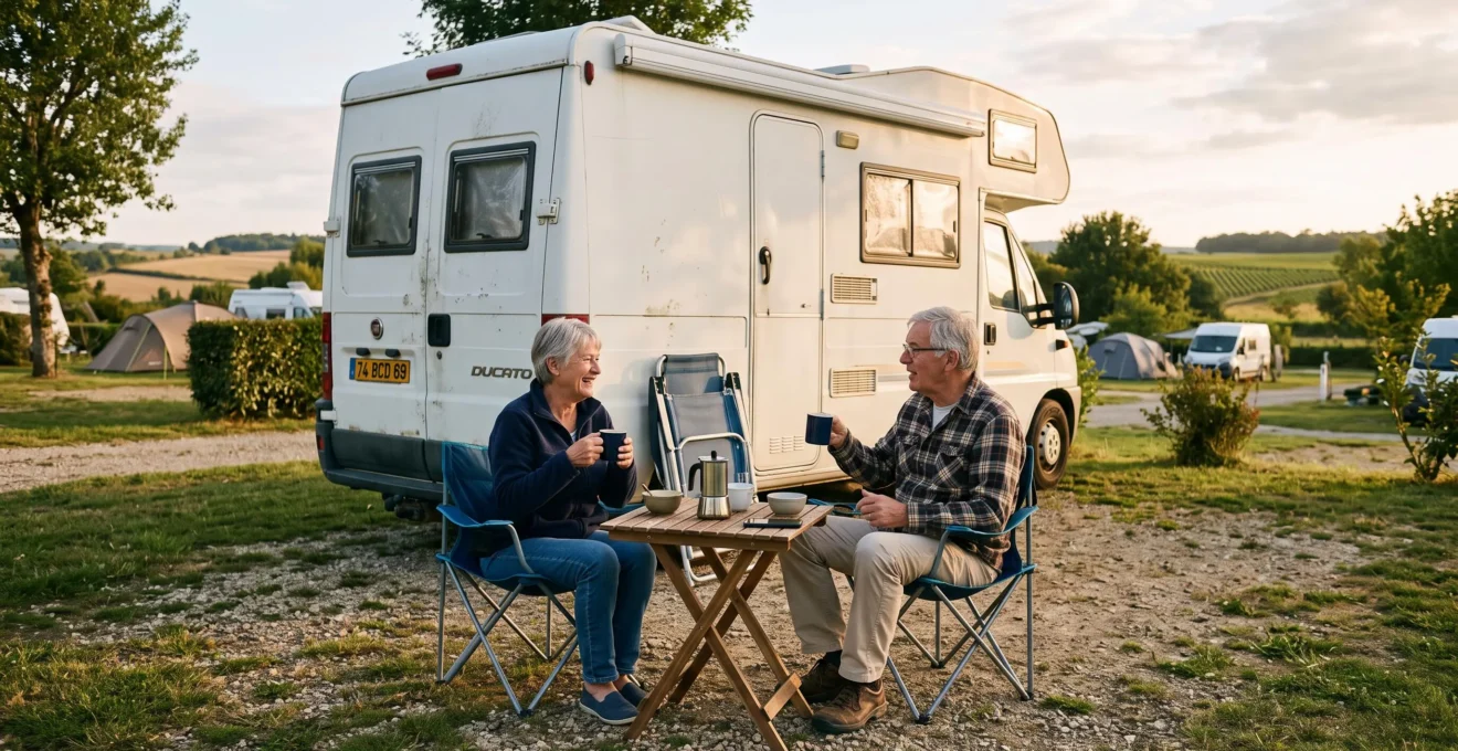 Un couple prend un café devant son camping-car stationné sur un emplacement de camping.