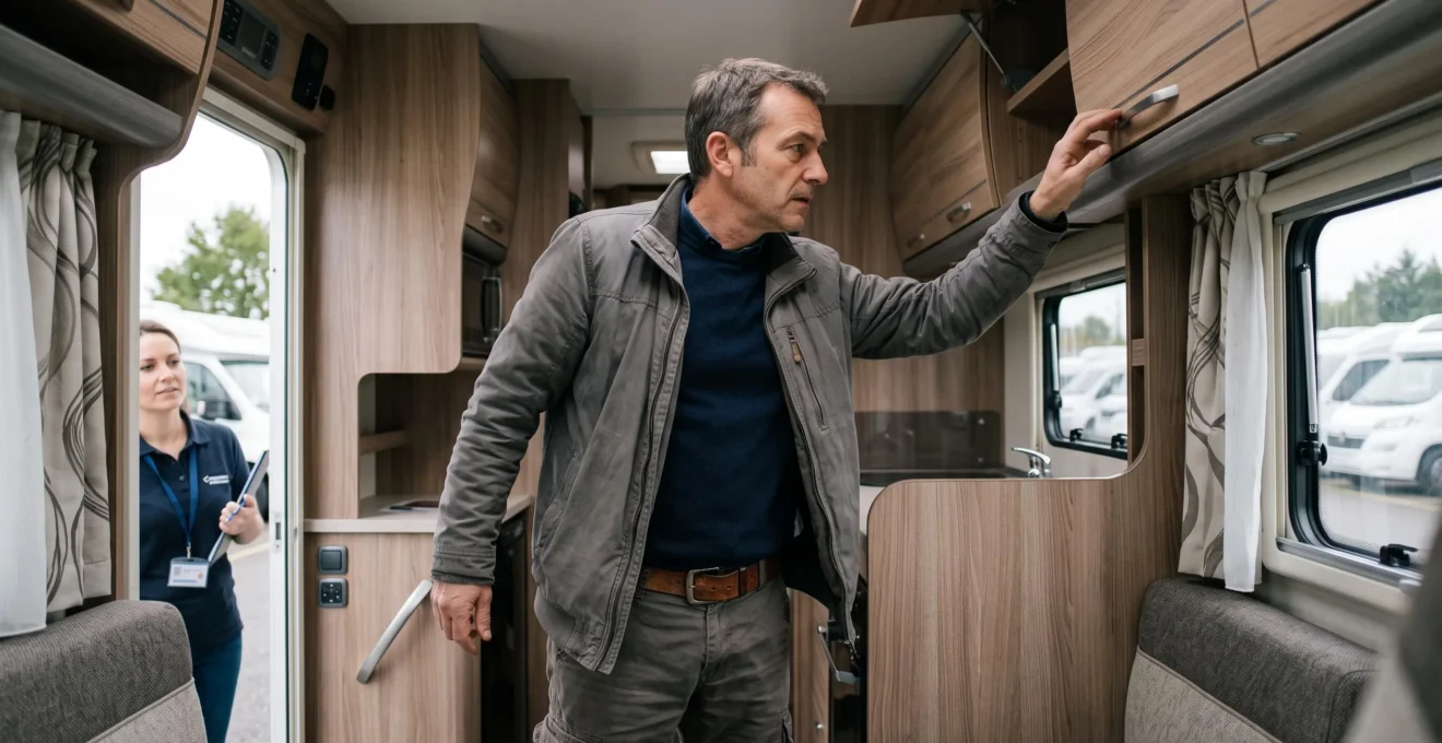 Un homme inspecte l'intérieur d'un camping-car chez un vendeur avant achat.